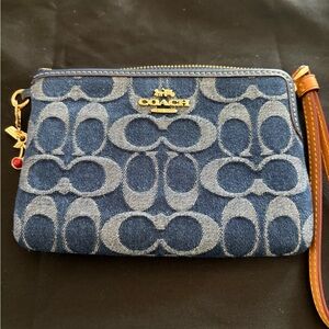 Coach Blue and Brown Wristlet with Signature Monogram